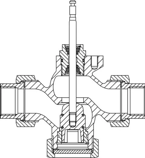 Schematische Darstellung eines Regelventils von IMI Hydronic Engineering, mit durchsichtiger Ansicht auf interne Komponenten und Anschlussstutzen.